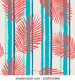 Tropical pattern, palm leaves seamless vector floral background. Exotic plant on sea stripes print illustration. Summer beach jungle print. Leaves of palm tree on paint lines. ink brush strokes