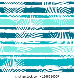 Tropical pattern, palm leaves seamless vector floral background. Exotic plant on sea stripes print illustration. Summer beach jungle print. Leaves of palm tree on paint lines. ink brush strokes