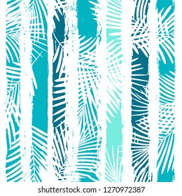 Tropical pattern, palm leaves seamless vector floral background. Exotic plant on sea stripes print illustration. Summer beach jungle print. Leaves of palm tree on paint lines. ink brush strokes