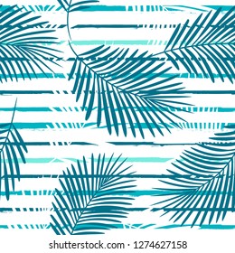 Tropical pattern, palm leaves seamless vector floral background. Exotic plant on sea stripes print illustration. Summer beach jungle print. Leaves of palm tree on paint lines. ink brush strokes