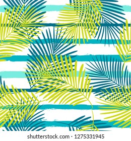 Tropical pattern, palm leaves seamless vector floral background. Exotic plant on sea stripes print illustration. Summer beach jungle print. Leaves of palm tree on paint lines. ink brush strokes