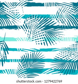 Tropical pattern, palm leaves seamless vector floral background. Exotic plant on sea stripes print illustration. Summer beach jungle print. Leaves of palm tree on paint lines. ink brush strokes