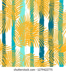 Tropical pattern, palm leaves seamless vector floral background. Exotic plant on sea stripes print illustration. Summer beach jungle print. Leaves of palm tree on paint lines. ink brush strokes