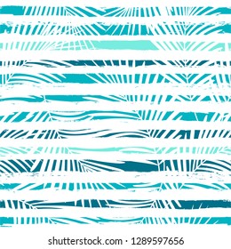Tropical pattern, palm leaves seamless vector floral background. Exotic plant on sea stripes print illustration. Summer beach jungle print. Leaves of palm tree on paint lines. ink brush strokes