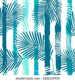 Tropical pattern, palm leaves seamless vector floral background. Exotic plant on sea stripes print illustration. Summer beach jungle print. Leaves of palm tree on paint lines. ink brush strokes