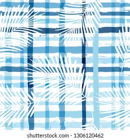 Tropical pattern, palm leaves seamless vector floral background. Exotic plant on sea stripes print illustration. Summer beach jungle print. Leaves of palm tree on paint lines. ink brush strokes