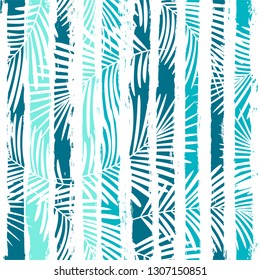 Tropical pattern, palm leaves seamless vector floral background. Exotic plant on sea stripes print illustration. Summer beach jungle print. Leaves of palm tree on paint lines. ink brush strokes