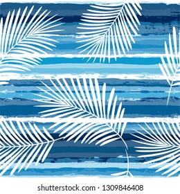 Tropical pattern, palm leaves seamless vector floral background. Exotic plant on sea stripes print illustration. Summer beach jungle print. Leaves of palm tree on paint lines. ink brush strokes