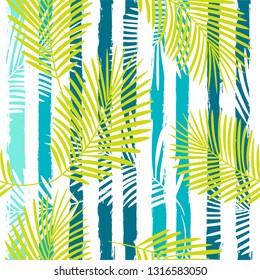 Tropical pattern, palm leaves seamless vector floral background. Exotic plant on sea stripes print illustration. Summer beach jungle print. Leaves of palm tree on paint lines. ink brush strokes