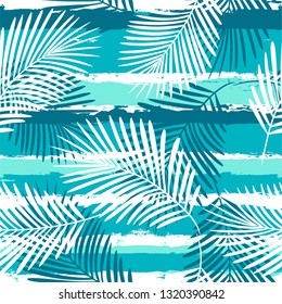 Tropical pattern, palm leaves seamless vector floral background. Exotic plant on sea stripes print illustration. Summer beach jungle print. Leaves of palm tree on paint lines. ink brush strokes