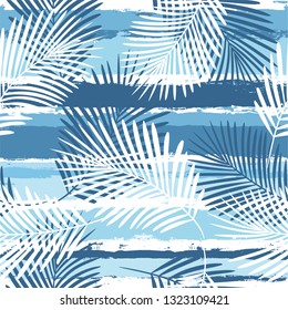 Tropical pattern, palm leaves seamless vector floral background. Exotic plant on sea stripes print illustration. Summer beach jungle print. Leaves of palm tree on paint lines. ink brush strokes