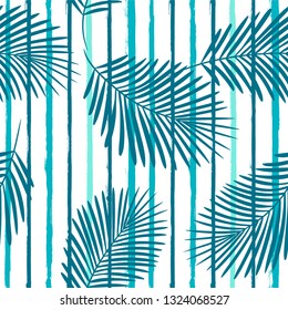 Tropical pattern, palm leaves seamless vector floral background. Exotic plant on sea stripes print illustration. Summer beach jungle print. Leaves of palm tree on paint lines. ink brush strokes