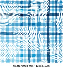 Tropical pattern, palm leaves seamless vector floral background. Exotic plant on sea stripes print illustration. Summer beach jungle print. Leaves of palm tree on paint lines. ink brush strokes