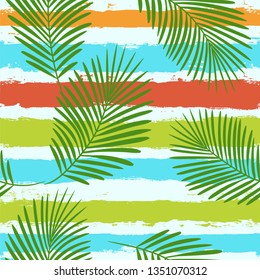 Tropical pattern, palm leaves seamless vector floral background. Exotic plant on stripes print illustration. Summer beach jungle print. Leaves of palm tree on paint lines. ink brush strokes - Vector