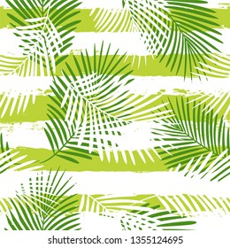 Tropical pattern, palm leaves seamless vector floral background. Exotic plant on stripes print illustration. Summer beach jungle print. Leaves of palm tree on paint lines. ink brush strokes - Vector