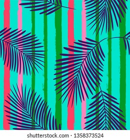 Tropical pattern, palm leaves seamless vector floral background. Exotic plant on stripes print illustration. Summer beach jungle print. Leaves of palm tree on paint lines. ink brush strokes - Vector
