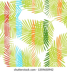 Tropical pattern, palm leaves seamless vector floral background. Exotic plant on stripes print illustration. Summer beach jungle print. Leaves of palm tree on paint lines. ink brush strokes - Vector