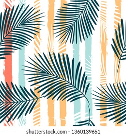 Tropical pattern, palm leaves seamless vector floral background. Exotic plant on stripes print illustration. Summer beach jungle print. Leaves of palm tree on paint lines. ink brush strokes - Vector
