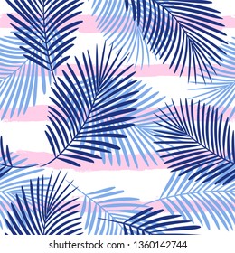 Tropical pattern, palm leaves seamless vector floral background. Exotic plant on stripes print illustration. Summer beach jungle print. Leaves of palm tree on paint lines. ink brush strokes - Vector