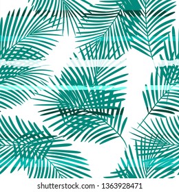 Tropical pattern, palm leaves seamless vector floral background. Exotic plant on stripes print illustration. Summer beach jungle print. Leaves of palm tree on paint lines. ink brush strokes - Vector
