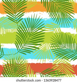Tropical pattern, palm leaves seamless vector floral background. Exotic plant on stripes print illustration. Summer beach jungle print. Leaves of palm tree on paint lines. ink brush strokes - Vector