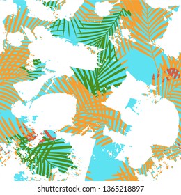 Tropical pattern, palm leaves seamless vector floral background. Exotic plant on stripes print illustration. Summer beach jungle print. Leaves of palm tree on paint lines. ink brush strokes - Vector