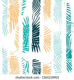 Tropical pattern, palm leaves seamless vector floral background. Exotic plant on stripes print illustration. Summer beach jungle print. Leaves of palm tree on paint lines. ink brush strokes - Vector