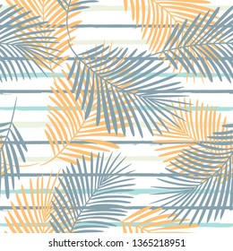 Tropical pattern, palm leaves seamless vector floral background. Exotic plant on stripes print illustration. Summer beach jungle print. Leaves of palm tree on paint lines. ink brush strokes - Vector