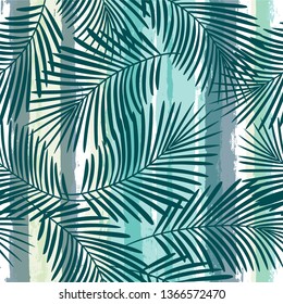 Tropical pattern, palm leaves seamless vector floral background. Exotic plant on stripes print illustration. Summer beach jungle print. Leaves of palm tree on paint lines. ink brush strokes - Vector