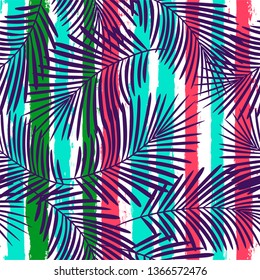 Tropical pattern, palm leaves seamless vector floral background. Exotic plant on stripes print illustration. Summer beach jungle print. Leaves of palm tree on paint lines. ink brush strokes - Vector