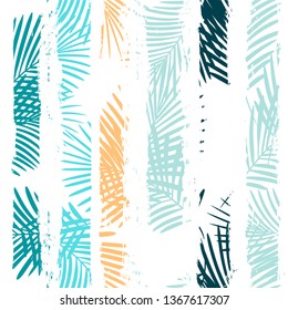 Tropical pattern, palm leaves seamless vector floral background. Exotic plant on stripes print illustration. Summer beach jungle print. Leaves of palm tree on paint lines. ink brush strokes - Vector