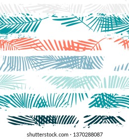 Tropical pattern, palm leaves seamless vector floral background. Exotic plant on stripes print illustration. Summer beach jungle print. Leaves of palm tree on paint lines. ink brush strokes - Vector