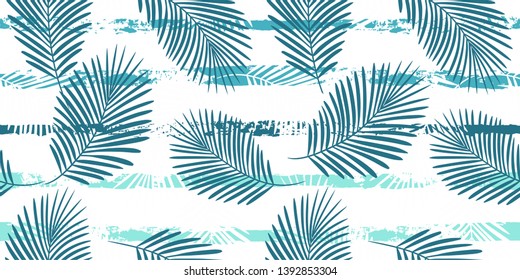 Tropical pattern, palm leaves seamless vector floral background. Exotic plant on stripes print illustration. Summer nature jungle print. Leaves of palm tree on paint lines. ink brush strokes