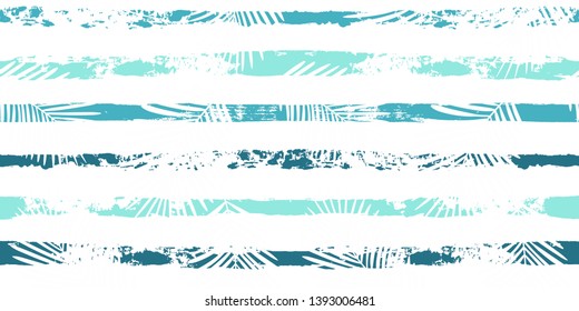 Tropical pattern, palm leaves seamless vector floral background. Exotic plant on stripes print illustration. Summer nature jungle print. Leaves of palm tree on paint lines. ink brush strokes