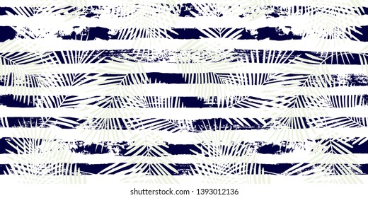 Tropical pattern, palm leaves seamless vector floral background. Exotic plant on stripes print illustration. Summer nature jungle print. Leaves of palm tree on paint lines. ink brush strokes