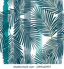 Tropical pattern, palm leaves seamless vector floral background. Exotic plant on stripes print illustration. Summer nature jungle print. Leaves of palm tree on paint lines. ink brush strokes