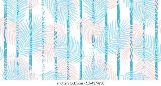 Tropical pattern, palm leaves seamless vector floral background. Exotic plant on stripes print illustration. Summer nature jungle print. Leaves of palm tree on paint lines. ink brush strokes