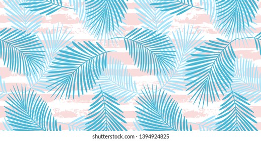 Tropical pattern, palm leaves seamless vector floral background. Exotic plant on stripes print illustration. Summer nature jungle print. Leaves of palm tree on paint lines. ink brush strokes