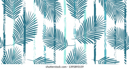 Tropical pattern, palm leaves seamless vector floral background. Exotic plant on stripes print illustration. Summer nature jungle print. Leaves of palm tree on paint lines. ink brush strokes
