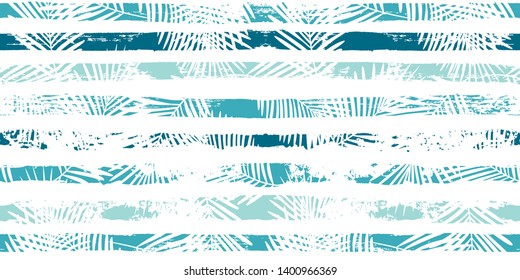 Tropical pattern, palm leaves seamless vector floral background. Exotic plant on stripes print illustration. Summer nature jungle print. Leaves of palm tree on paint lines. ink brush strokes