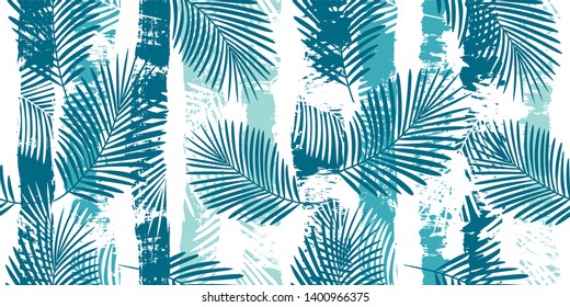 Tropical pattern, palm leaves seamless vector floral background. Exotic plant on stripes print illustration. Summer nature jungle print. Leaves of palm tree on paint lines. ink brush strokes