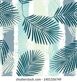 Tropical pattern, palm leaves seamless vector floral background. Exotic plant on stripes print illustration. Summer nature jungle print. Leaves of palm tree on paint lines. ink brush strokes