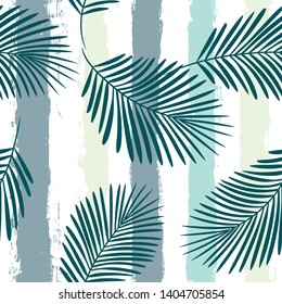 Tropical pattern, palm leaves seamless vector floral background. Exotic plant on stripes print illustration. Summer nature jungle print. Leaves of palm tree on paint lines. ink brush strokes