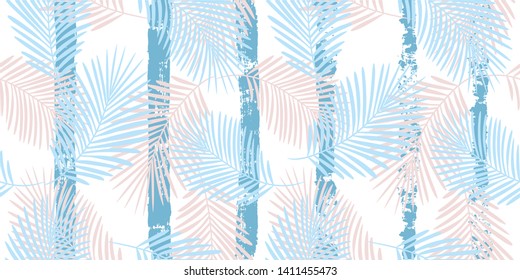 Tropical pattern, palm leaves seamless vector floral background. Exotic plant on stripes print illustration. Summer nature jungle print. Leaves of palm tree on paint lines. ink brush strokes