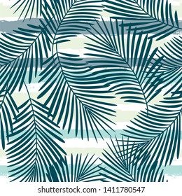 Tropical pattern, palm leaves seamless vector floral background. Exotic plant on stripes print illustration. Summer nature jungle print. Leaves of palm tree on paint lines. ink brush strokes