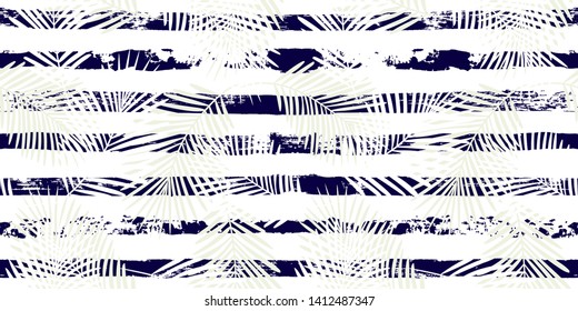 Tropical pattern, palm leaves seamless vector floral background. Exotic plant on stripes print illustration. Summer nature jungle print. Leaves of palm tree on paint lines. ink brush strokes