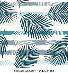 Tropical pattern, palm leaves seamless vector floral background. Exotic plant on stripes print illustration. Summer nature jungle print. Leaves of palm tree on paint lines. ink brush strokes