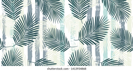 Tropical pattern, palm leaves seamless vector floral background. Exotic plant on stripes print illustration. Summer nature jungle print. Leaves of palm tree on paint lines. ink brush strokes
