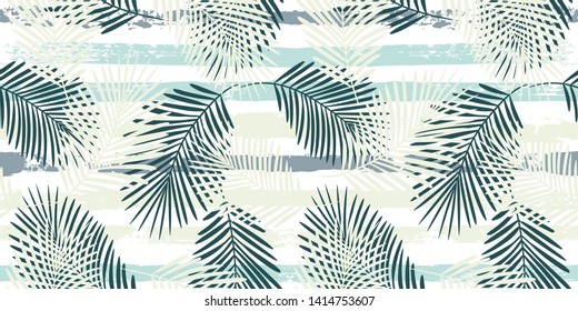 Tropical pattern, palm leaves seamless vector floral background. Exotic plant on stripes print illustration. Summer nature jungle print. Leaves of palm tree on paint lines. ink brush strokes