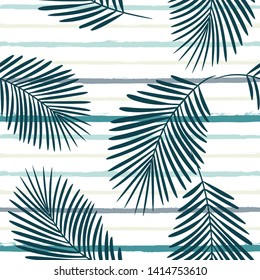 Tropical pattern, palm leaves seamless vector floral background. Exotic plant on stripes print illustration. Summer nature jungle print. Leaves of palm tree on paint lines. ink brush strokes